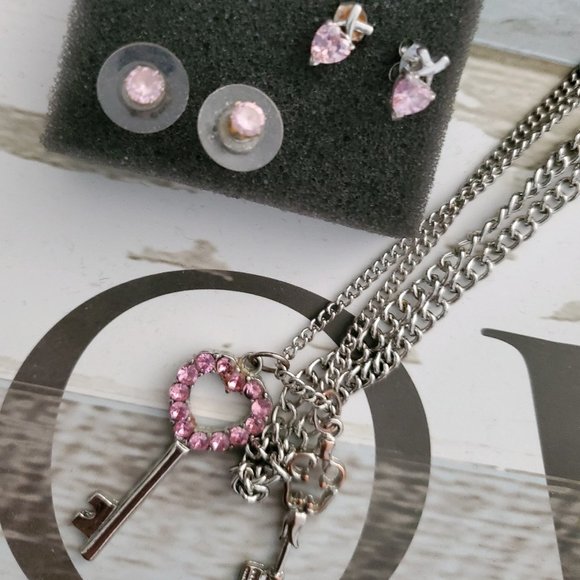 Jewelry - Pink Heart Key Necklace & 2 pairs of Pink Earrings